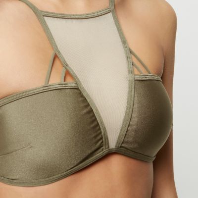 Khaki green mesh insert strappy bikini top
